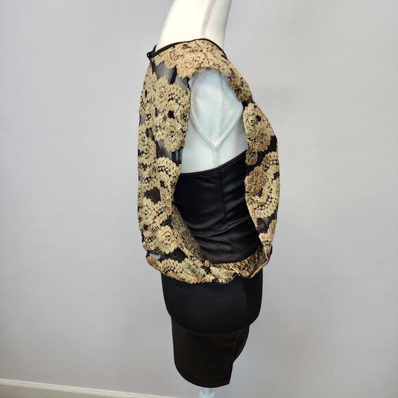 Vintage Y2K Gold Lace Banded Mini Dress Size S Bodycon Sleeveless Evening Glam - Picture 5 of 14
